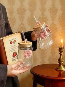 1pc Bow-Tie Shaped Glass Cup With Lid & Straw, Elegant Wavy Striped Design, Suitable For Coffee, Tea, Milk, Iced Americano, Latte, Can Be Used As Drinking Glass, Great For Valentine's Day, Back To School Gifts, Home & Kitchen - Multicolor - View 7