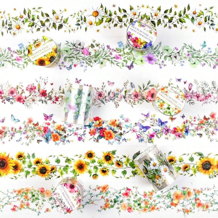 6Rolls Floral Washi Tape Set PET 40mm Wide Washi Sticker Junk Journaling Stickers Flower Scrapbook Stickers Vintage Washi Tapes Scrapbooking Supplies Decorative Tape Crafts, 6.6ft Long - Vine - View 1
