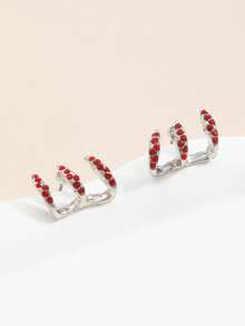 2pcs New Diamond Inlaid Minimalist Design Layered Curved Earrings For Women - Red - View 4