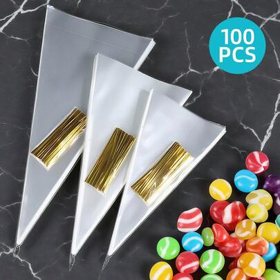 100pcs Cone-Shaped Snack Bags, Transparent Flower Packaging Bags, Snack Bags With Ties - DIY Packaging Gifts - 3 Size Options - Suitable For Candy, Cookies, Snacks, Chocolate, Marshmallow, Pastries, Popcorn Etc. - Great For Wedding Gift Packaging, Holiday Gift Packaging, Flower Packaging, Valentine's Day, Party Decorations, Wedding Packaging Accessories, Gift Packaging Accessories