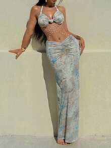 Halter Hollow Out Lace-Up Backless Fitted Bodycon Metal Chain Decor Sexy Dress - Green - View 1