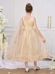 少女闪亮金色亮片长款伴娘礼服，蓬蓬薄纱公主生日舞会礼服，毕业典礼花童礼服 - 金色 - 查看 2