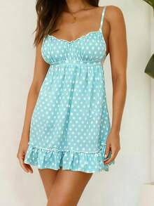 Women's Dot Mini Dresses Summer Fashionable Sleeveless Spaghetti Strap Ruffle Hem Cami Dress - Blue - View 3