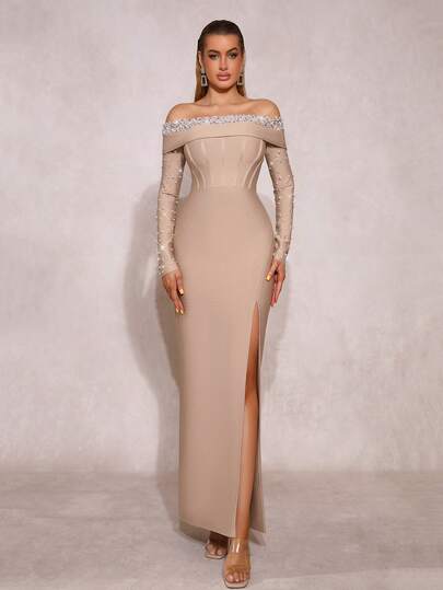 New Sexy Luxury Long Sleeve Off-Shoulder Handmade Beaded Diamond Decor Bodycon Dress, Elegant Bridesmaid Gown, Guest Birthday Party Holiday Ball Formal Evening Dress For Women