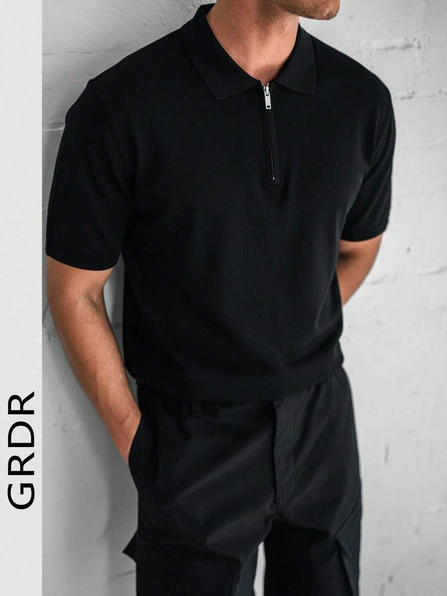 GRDR Men's Fashion Half-Zip Polo Collar Knit Short Sleeve T-Shirt, Summer - Black - View 1