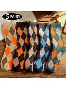 5 Pairs Fashionable Diamond Plaid Mid-Calf Socks, Vibrant Color Autumn/Winter Women Socks, Soft Comfortable Casual Socks - Multicolor - View 1