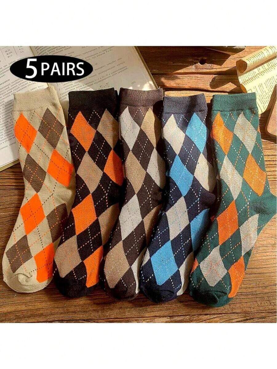 5 Pairs Fashionable Diamond Plaid Mid-Calf Socks, Vibrant Color Autumn/Winter Women Socks, Soft Comfortable Casual Socks - Multicolor - View 1