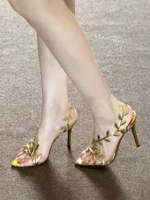 2025新款水钻蛇纹透明绑带凉鞋，女士性感黑色细高跟鞋，春夏穿搭 - 金色 - 查看 5