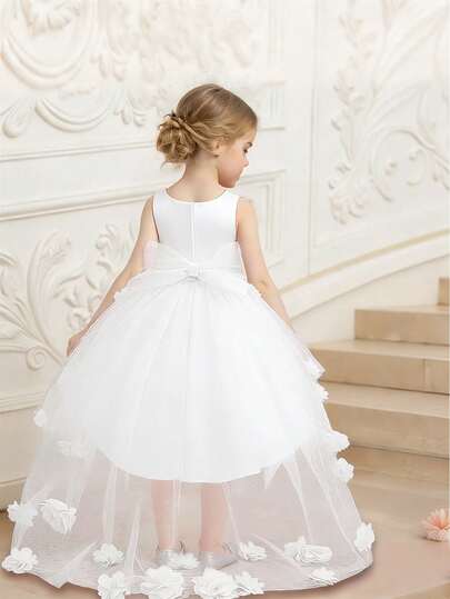 Baby Girls' Round Neck 3D Floral Backless Big Bow Tulle Cute Wedding Flower Girl Trailing Dress, Suitable For 1st Birthday, Christening, Party, Banquet, Does Not Include Headband