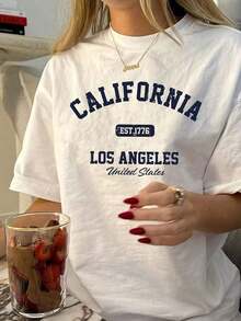 Women's Vintage California Los Angeles Graphic T-Shirt - Casual Round Neck, Short Sleeve, Cotton, Machine Washable, EST 1776 Print2025 - 白色 - 查看 10