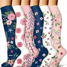 6 Pairs Of Men's And Women's Compression Socks, Floral Pattern, Breathable Knee-High Socks, Suitable For Running, Cycling, Hiking, And Traveling, And Suitable For All Seasons. - Nhiều màu - Xem 6