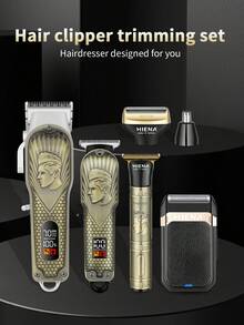 HIENA 四件套青铜色男士理容套装，包含带 LED 显示屏的无线电动理发器、T09 三合一理发器、剃须刀和鼻毛修剪器，以及多种配件，是沙龙和理发店的理想之选，也是送给爸爸或伴侣的绝佳礼物。 - 銅色 - 查看 5