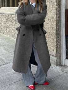 Plus Size Women's Elegant Solid Color Long Sleeve Pocket Woolen Trench Coat, Double-Breasted Wool Overcoat, Christmas Women's Clothing, Elegant Women's Blouses