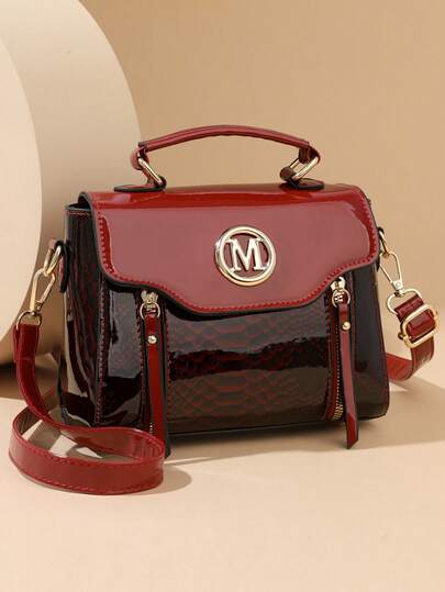 حقيبة جلد براءة اختراع بطبعة تمساح للنساء [M]، حزام قابل للتعديل واسع، حقيبة كتف خفيفة الوزن، متعددة الاستخدامات للتنقل اليومي والسفر والتسوق