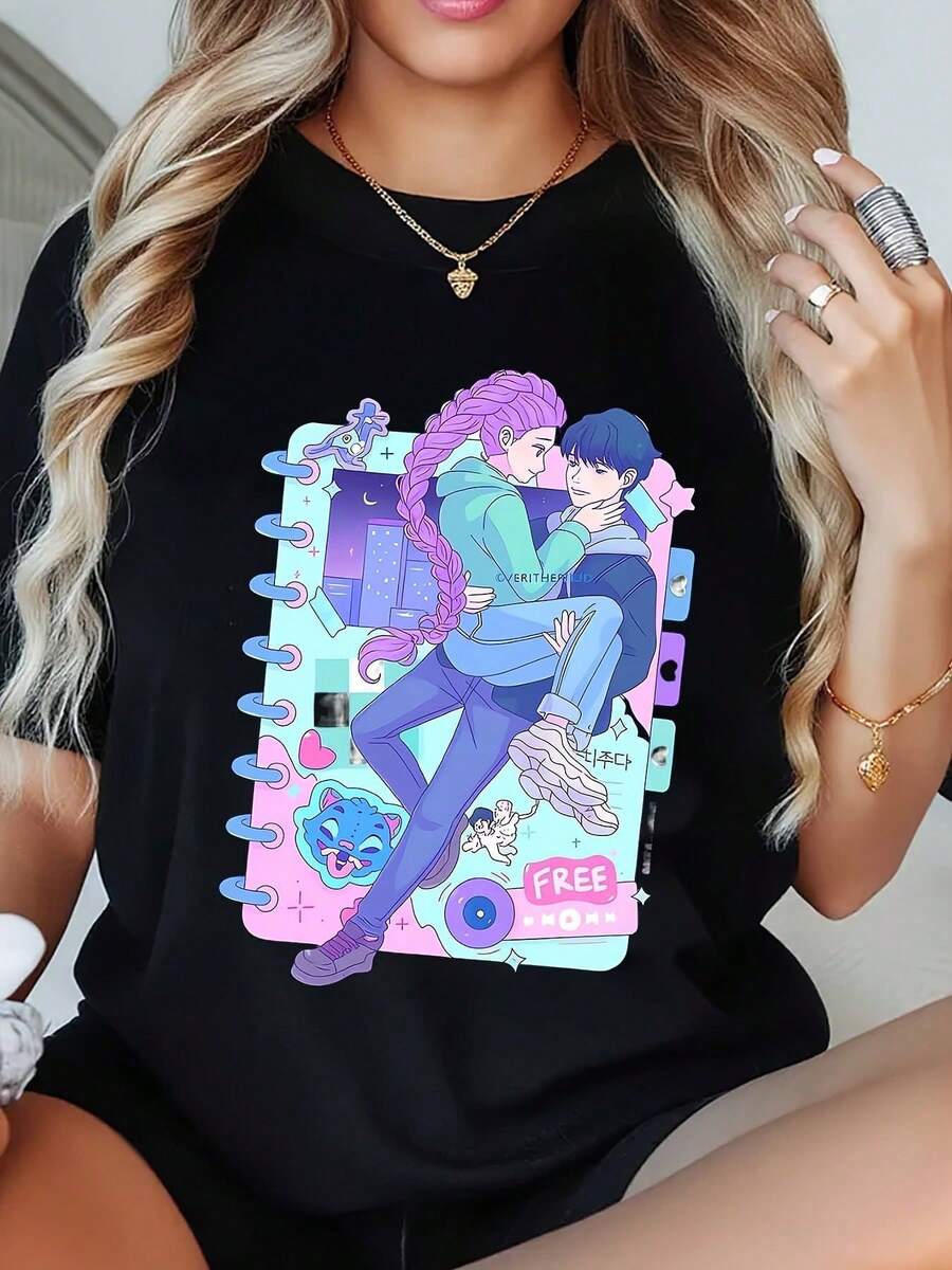 Womens Halloween KPop Dem-On Hun-Ters T-Shirt Graphic T-Shirt Plus-Size Street-Style Casual Shirt Machine Washable Perfe - Black - View 1