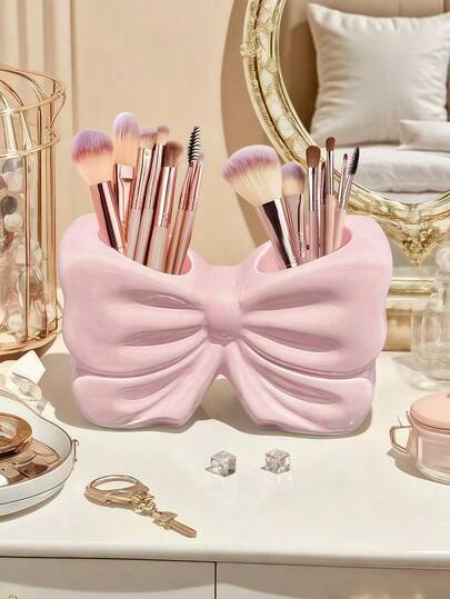 Bow-Shaped Toothbrush Holder, Personalized Decor, With Bow Desk Storage Box, Can Hold Makeup Brushes, Creative Decorative Design, Suitable For Girls, Students And Women. Cute Bow-Shaped Pen Holder, Unisex, Desk Storage Box, Can Hold Makeup Brushes And Office Supplies, Home & Bathroom Accessories, Bathroom Countertop Organizer.