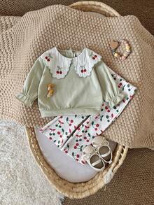 2pcs/Set Toddler Girls' Cherry Embroidery Peter Pan Collar Green Sweatshirt And Pants Set, Spring/Autumn - Mint Green - View 2