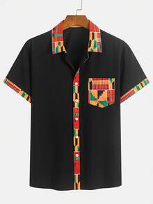 GOLDREDY 男士纯色舒适透气面料拼接印花撞色纽扣领设计休闲修身短袖衬衫，适合日常穿着、通勤、夏季新品 - 黑色 - 查看 2