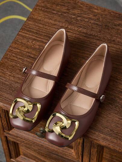 女士时尚方头棕色平底鞋，金色纽扣装饰，休闲办公百搭一脚蹬鞋，户外休闲高端优雅平底鞋，夏季玛丽珍芭蕾舞鞋