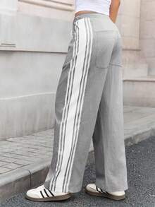 Women's High Waist Baggy Wide Leg Track Pants Drawstring Striped Palazzo Pants With Pockets - 淺灰色 - 查看 2