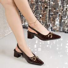 Black Patent Leather Closed Toe Chunky Heel Sandals, New 2026 Spring Autumn Pointed Toe Elegant Office Commute Slip-On High Heel Shoes - Brown - View 14