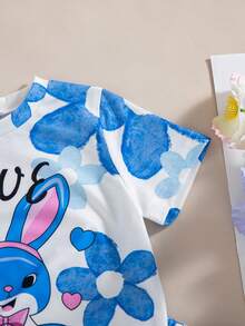 2pcs/Set Girls Casual Cartoon Flower & Letter Print Decorated Short Sleeve Top And Bermuda Shorts, Summer - Blue - View 6