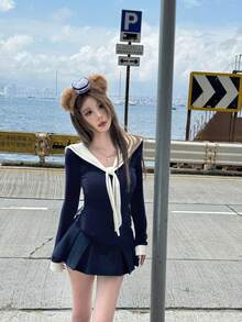 New Women Elastic Knit Long Sleeve Top, Slim Fit Flattering Collegiate Chic Autumn Basic Fitted T-Shirt Camisole - Royal Blue - View 4