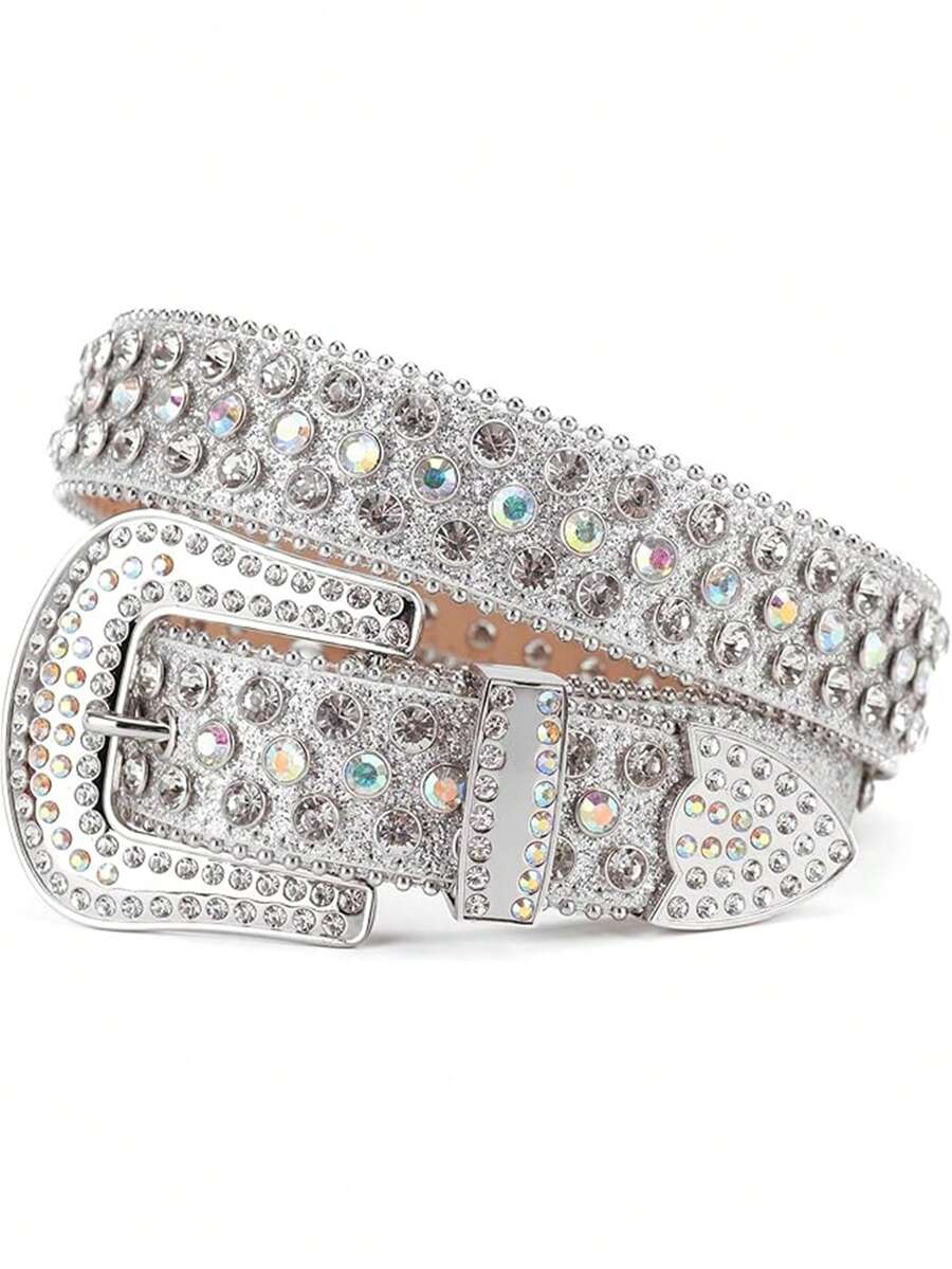 1pc Solid Color Crystal Studded Belt, Shiny Punk Hip-Hop PU Leather Belt Dresses Old Money Vintage Autumn/Fall Urban Outfit Classic Christmas Winter Fashion Daily Men Boyfriend Gift - 銀色 - 查看 1