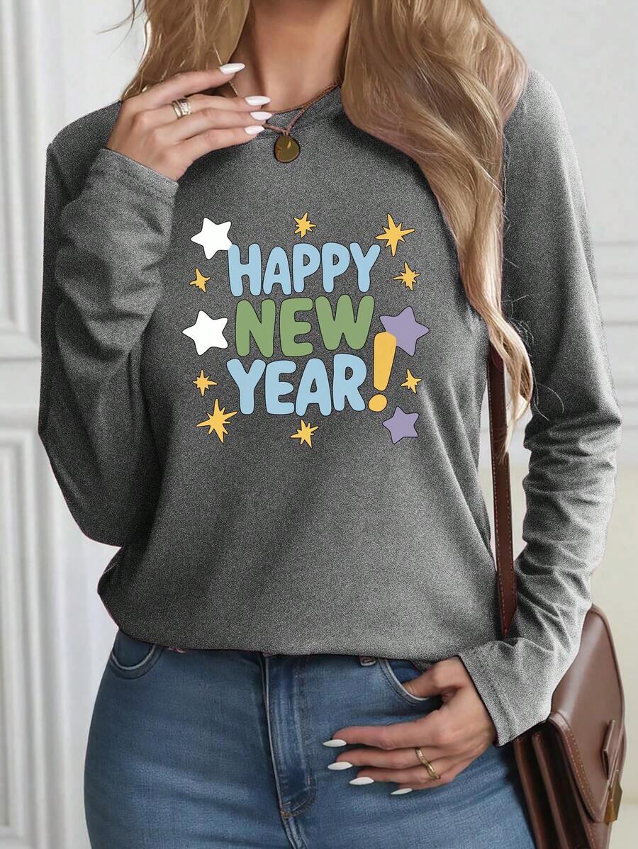 [New Product Recommendation] New Year Celebration Pattern Printed-Shirt, Women's Leisure, Vacation, Long Sleeve Round Neck, Spring And Summer, Washable, New Women's Clothing, Versatile On Street, Slim, Sports Fashionable Women's Clothing - Xám - Xem 1
