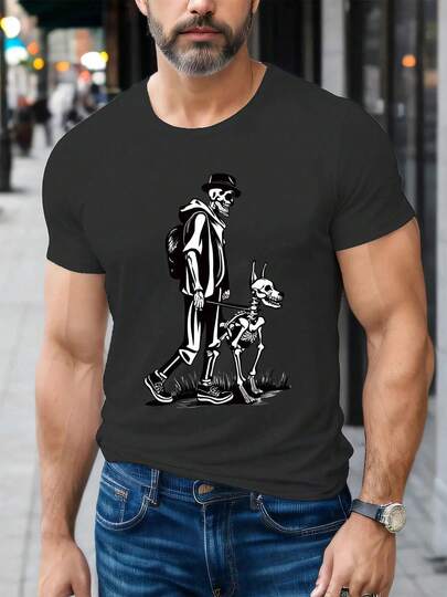 Comodidad de Verano Estilosa: Camiseta Duradera para Hombre con Impresión Única de Esqueleto, Tejido Transpirable y Elástico, Cuello Redondo, Top Casual