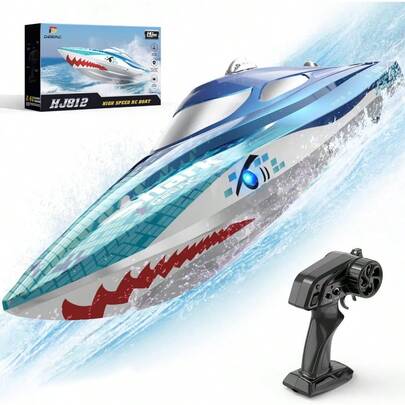 High Speed RC Boat Shark 20+ MPH Remote Control Boat For Pools And Lakes 2.4GHz Full Proportional Fast Racig Boat W/Self-Righting And Demo Mode LED Light Water Toy For Adults