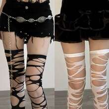 Gothic Punk Ripped Asymmetrical Sexy Fishnet Tights, Lolita Spider Web Thigh High Socks For Women Christmas Gift