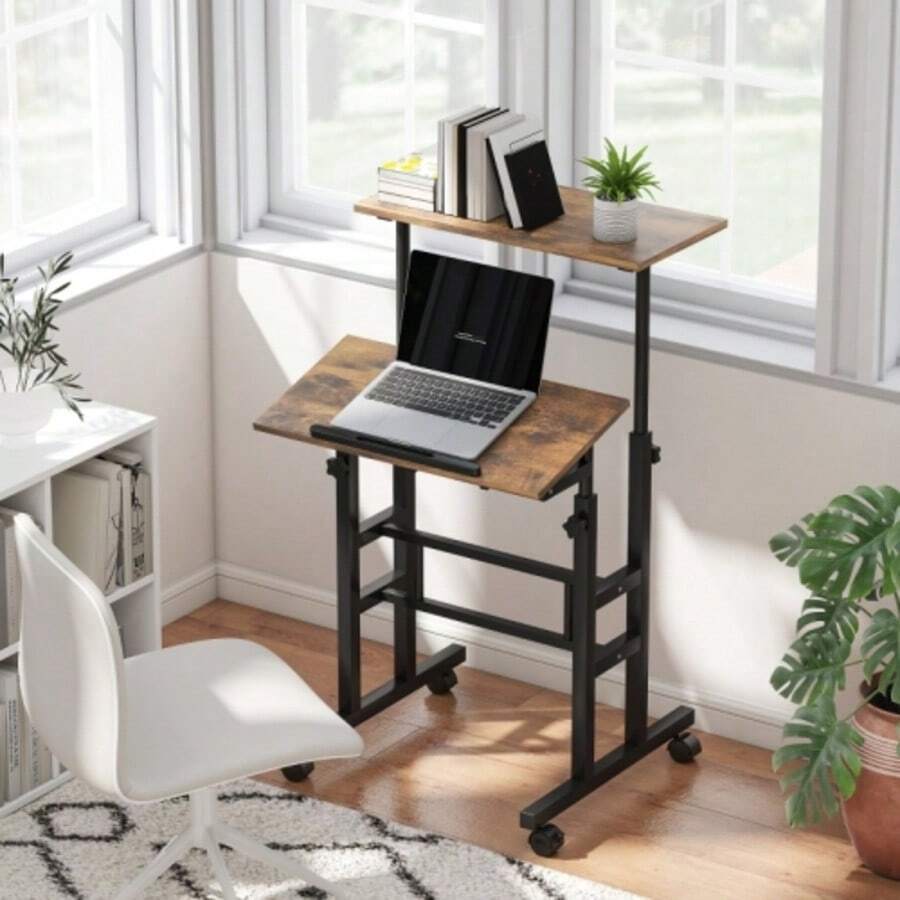 Height-Adjustable Kitchen Desk With Shelf And Wheels, Rustic Brown Computer Desk, 60 X 60 X 70.5-120 Cm - Rust Brown - View 1