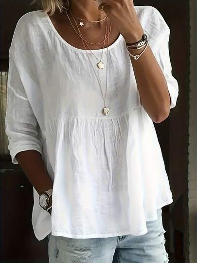 1pc Women's White Round Neck Solid Color Woven Fabric Pleated Hem Blouse, Suitable For Daily, Office, Home Wear In Spring, Summer And Autumn
