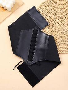 1pc-2pcs Wide Waist Belt, Black Western Style Accessory, Gift, Women's Waist Belt, Leather Belt, Cinch Dress, Solid Color Metal Eyelet Waist Cincher (Fits Waist Around 70cm), S-M Size, Beach Accessory, Versatile For Daily Wear, Evening Halloween Costume - Black - View 4