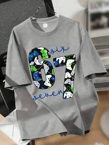 1pc Tween Boys' Funny Playstation 67 Graphic Round Neck Short Sleeve T-Shirt, 67 Number Design - Casual Streetwear Tee, Suitable For Spring/Summer Everyday Wear, Parties And Social Gatherings - Humorous Teenager Boys T-Shirt - Grey - View 3