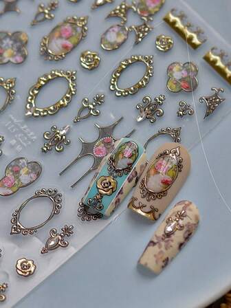 1 st guldfärgade totemrosa hjärtans nageldekaler, holografiska nageldekaler med Aurora-motiv, för nagelkonstdesign, strass, 5D självhäftande, nagelaccessoarer för kvinnor, estetisk nagelkonst