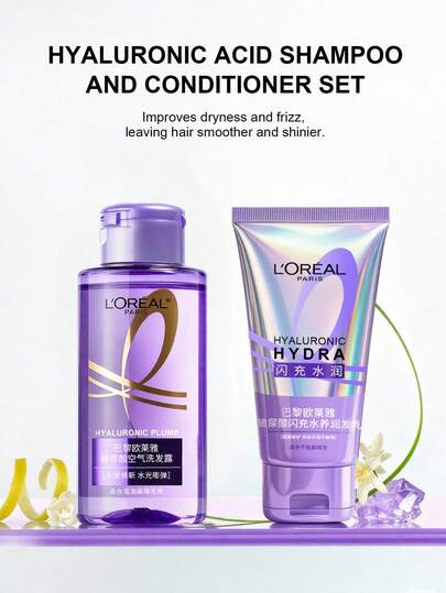  Set de viaje de 100ml Champú + 40ml Acondicionador. Champú ligero con ácido hialurónico + Acondicionador intensamente hidratante con ácido hialurónico de L'Oreal. Conjunto milagroso alisador. Mejora el frizz. Agrega volumen. Crea raíces levantadas. Control del aceite, deja el cabello fresco y cómodo.