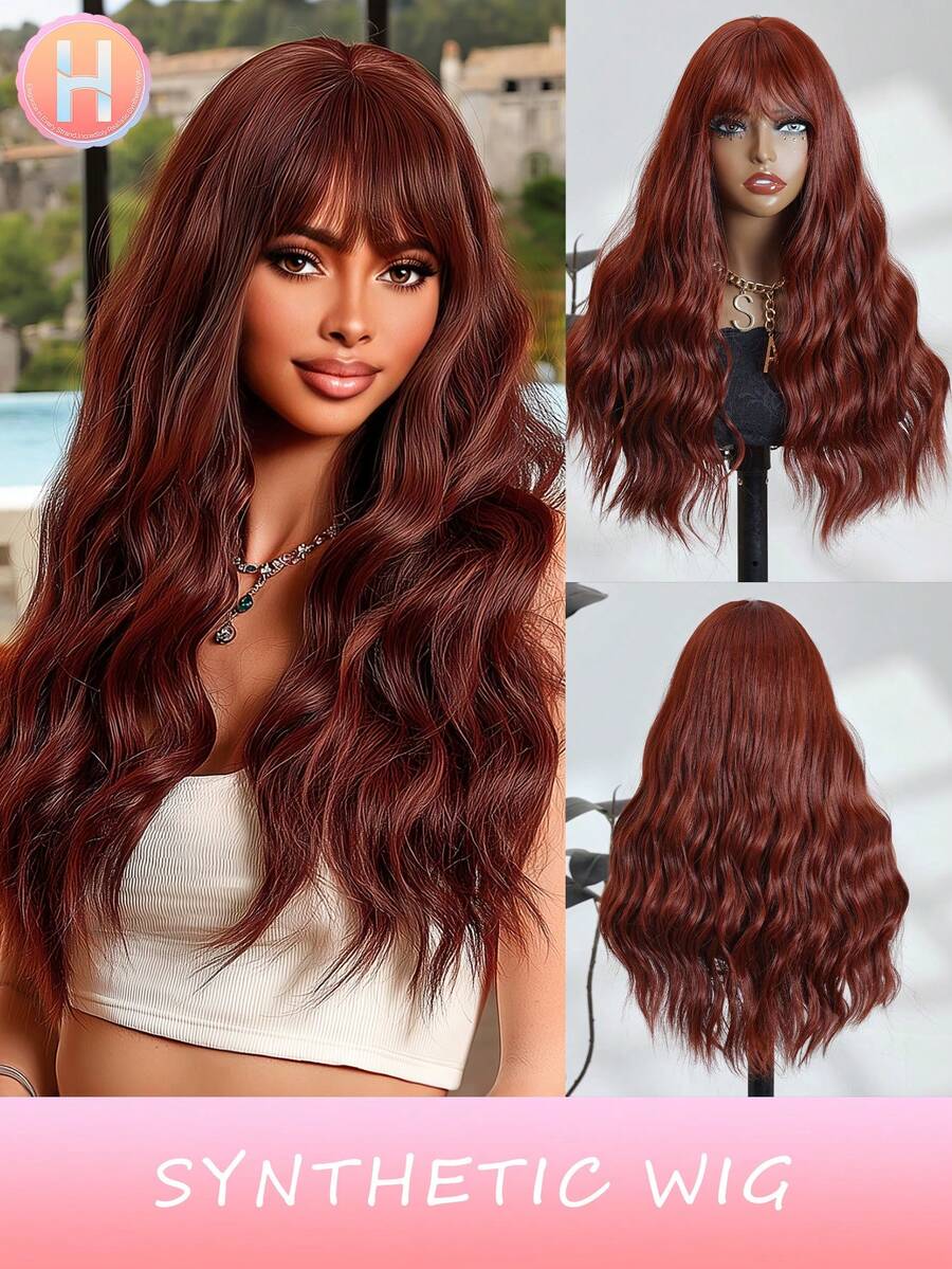 Burgundy Color Wig With Bangs Long Water Wave Wigs For Women 24 Inches Curly Wavy Hair Natural Looking Heat Resistant Fiber Wig For Girls For Women Halloween Party Use Suitable ForAll People High Temperature Fiber - Burgundy - View 1