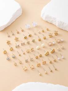 60pcs Fashion Metal Butterfly, Heart, Rhinestone, Moon, Bow Knot, Flower Stud Earrings Set, Jewelry Gift, Suitable For Women Daily Wear - Yellow Gold - View 2