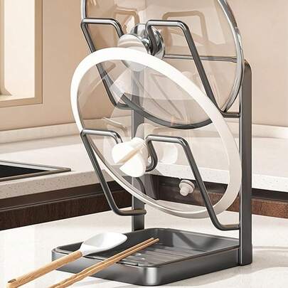 U-Shaped Slot Kitchen Pot Lid Organizer Rack, Multi-Function Stainless Steel Countertop Pot Lid Holder With Removable Drip Tray, Holds Pot Lids, Utensils And Small Items