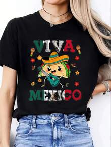 1 Pack Women's Plus Size Viva Mexico Graphic T-Shirt - 100% Cotton, Short Sleeve, Crew Neck, Casual Mexico T-Shirt Tops - 黑色 - 查看 2