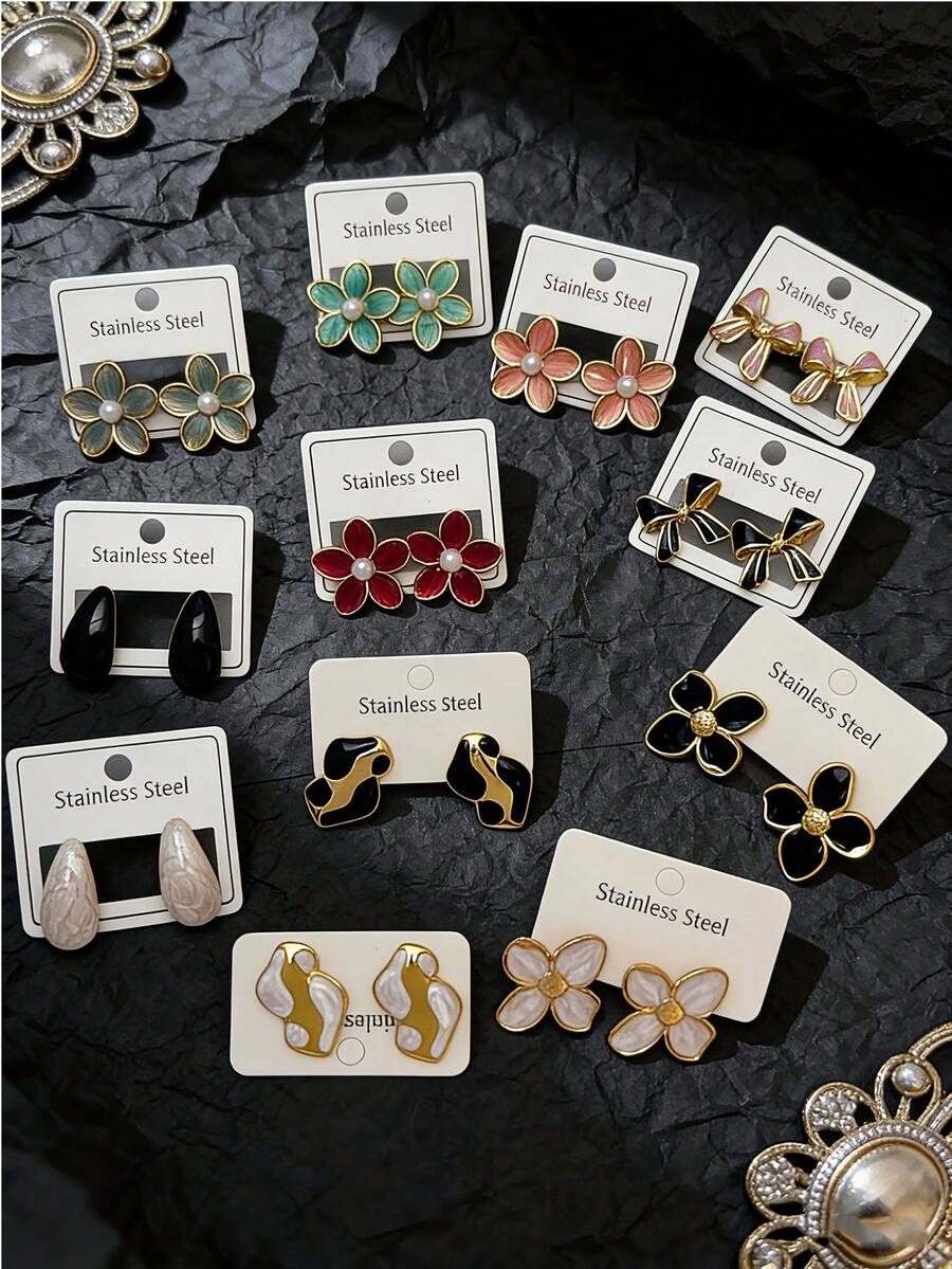 6对优雅迷人的珐琅花朵珍珠耳环，时尚水滴形/五瓣花黑色油滴耳环，精致蝴蝶结耳环及其他时尚配饰 - 彩色 - 查看 1