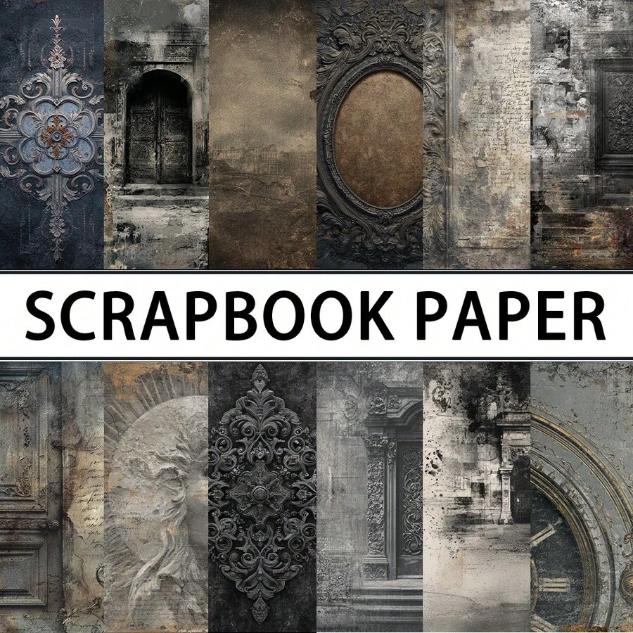 24/36张复古哥特式暗黑拼贴剪贴簿纸，5.9*5.9英寸单面加厚暗黑拼贴风格破旧腐朽门图案剪贴簿纸，非常适合子弹笔记、DIY手工、日记用品 - 黑色 - 查看 1