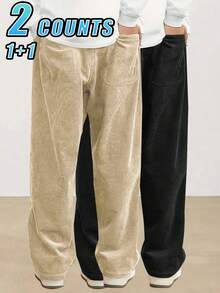 Men's Elastic Waist Corduroy Pants, Drawstring Retro Straight Leg Casual Sweatpants, Spring/Autumn - Multicolor - View 3