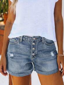 Casual Button Fly Denim Shorts, Straight Cut, With Pockets, Made Of Durable Non-Stretch Fabric - Dark Wash - View 1