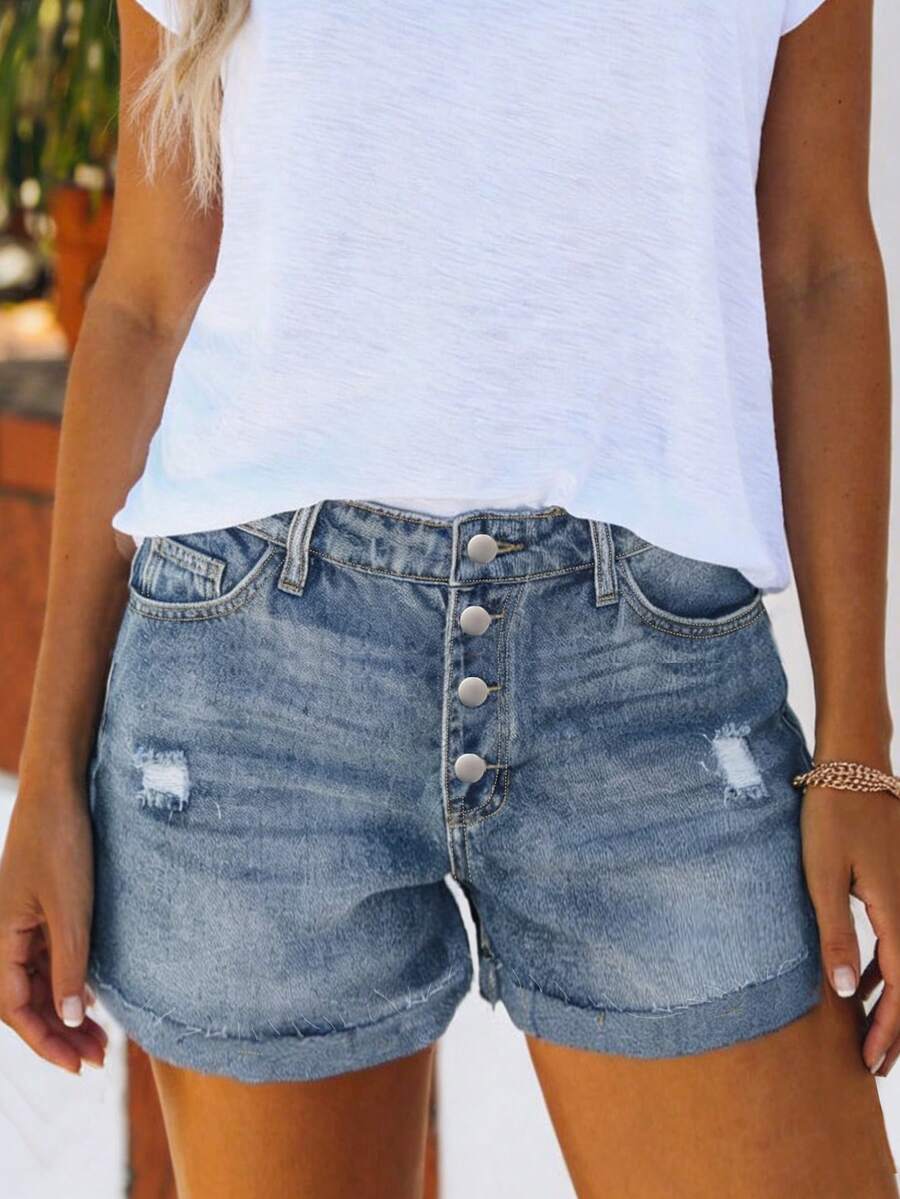 Casual Button Fly Denim Shorts, Straight Cut, With Pockets, Made Of Durable Non-Stretch Fabric - Dark Wash - View 1