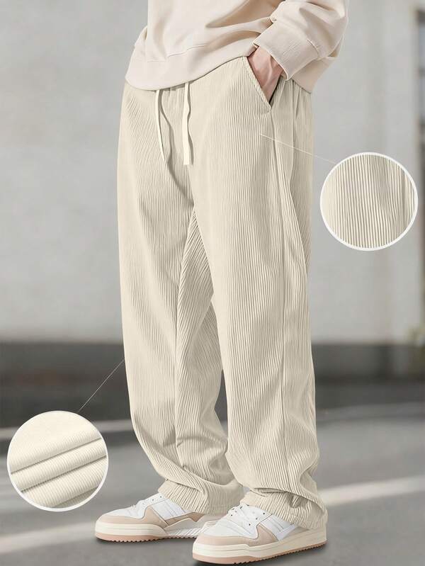 1条男士灯芯绒抽绳阔腿休闲运动裤，适合户外活动