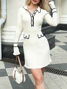 女士优雅罗纹针织连衣裙 - 时尚黑色滚边领口和袖口中长连衣裙 - 长袖翻领纽扣针织连衣裙 - 休闲时尚，适合春秋季休闲和正式场合，春秋季优雅休闲装 - 白色 - 查看 5