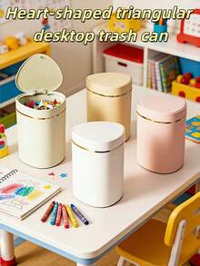 Heart-Shaped Triangular Desktop Trash Can, Thick PP Material For Home Use, Pedal-Operated Flip Lid, Large Opening Triangular Desktop Trash Can, Waste Paper Basket, Plastic Office Desk Trash Can, Smooth Design Prevents Odor Leakage, Can Be Used To Store Fruit Peels And Paper Scraps On The Desktop, Keep The Desktop Clean, Suitable For Bathroom, Home Office Desk Decor, Coffee Table, Office, Living Room, Covered Mini Plastic Trash Can, Also Suitable For Home Dining Table. - Multicolor - View 5